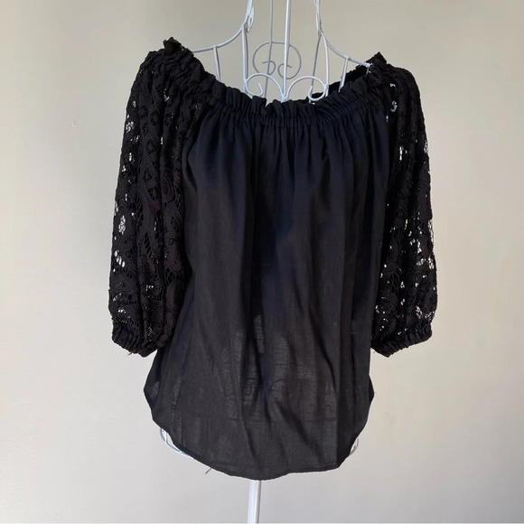 Umgee off shoulder peasant top blouse puff lace 3/4 sleeve black size S - Picture 1 of 7